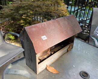 #210	Primitive Wood & Metal Top Bird Feeder - 22Lx 9x14T	 $25.00 