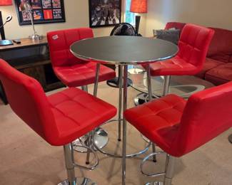 #122	Set of 4 Red Pleather and Chrome Base Swivel and Adjustable Bar Stools )  (adj. to max 30" Tall) with Foot Rest and Chrome Base  Bar Stools and Chrome Tall Table w/Black Acrylic Table - 28 Round x 41"Tall	 $300.00 