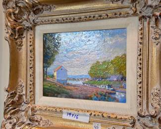 #90	Oil on Wood Painting of Canal in Heavy Gilded Gold Painted Frame - 19x16	 $80.00 