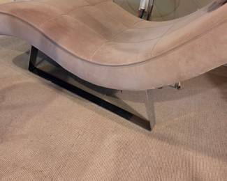 #123	Cream Cloth Lounger Chair w/attached Chrome Base w/Glass Top Side Swivel Table - Lounger - 63" Long  (small Stains)	 $200.00 