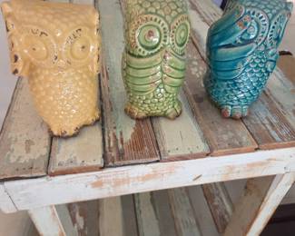 #85	Set of 3 Ceramic Owls - See No Evil, Hear No Evil and See No Evil  - 7" Tall	 $20.00 