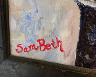 #92	Oil on Canvas of Red Tulips on Blue Vase in Chocolate Brown Frame - 19x31 by Sarah Beth	 $50.00 