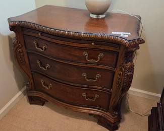 #156	Tall Deluxe Wood 3 Drawer Bedside Table w/pull-out Tray and Carved Sides - 32x21x33	 $100.00 