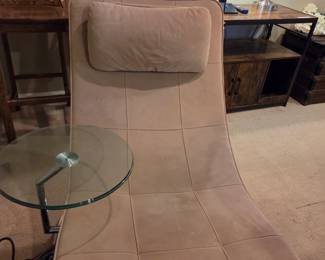 #123	Cream Cloth Lounger Chair w/attached Chrome Base w/Glass Top Side Swivel Table - Lounger - 63" Long  (small Stains)	 $200.00 