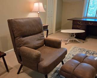 #142	Ovios Brown Suede Side Chair that lays back w/ottoman - 24x15x15 (finish issues on legs) 	 $100.00 