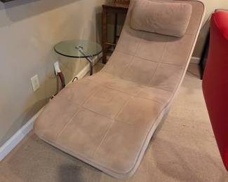 #123	Cream Cloth Lounger Chair w/attached Chrome Base w/Glass Top Side Swivel Table - Lounger - 63" Long  (small Stains)	 $200.00 