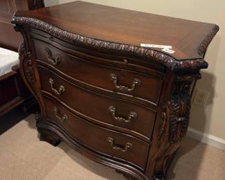 #157	Tall Deluxe Wood 3 Drawer Bedside Table w/pull-out Tray and Carved Sides - 32x21x33	 $100.00 