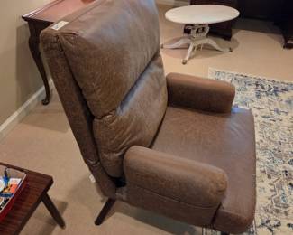 #142	Ovios Brown Suede Side Chair that lays back w/ottoman - 24x15x15 (finish issues on legs) 	 $100.00 