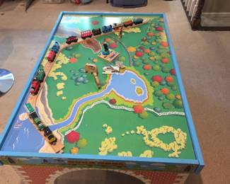 #153	Vintage Thomas the Train and Friends Wooden Railway Train Table (reversable) - 32x50x18 w/tracks and 14 Cars and Helicopter and animals sir Topham Hat figure 	 $225.00 