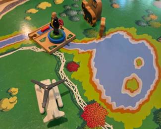 #153	Vintage Thomas the Train and Friends Wooden Railway Train Table (reversable) - 32x50x18 w/tracks and 14 Cars and Helicopter and animals sir Topham Hat figure 	 $225.00 