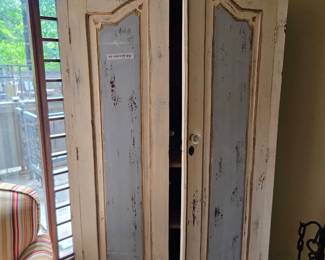 #10	Distressed Painted Primitive Cabinet w/2 doors (as is door not locking) - 40x22x79	 $125.00 