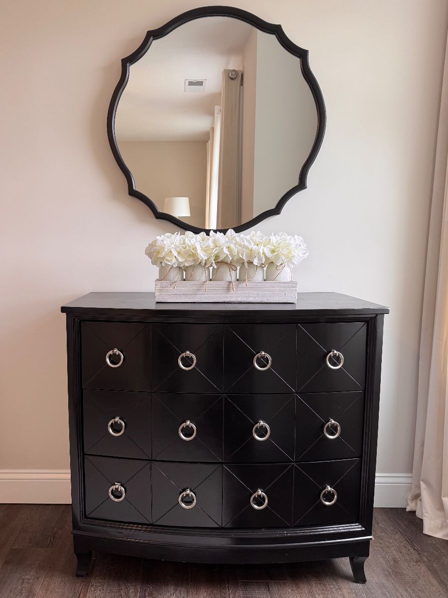 Black 3 drawer chest with ring pulls from Stein World (2 available)