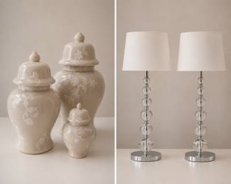 Ginger jars and stacked acrylic ball table lamps