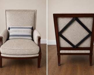 Gray chair with nailhead trim & wood accents from the Design Center