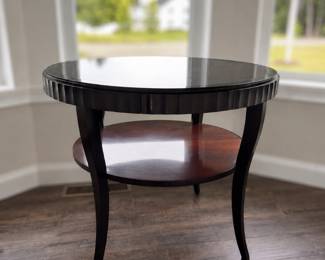 Fluted edge round table with drawer & lower shelf & glass protector by Baker