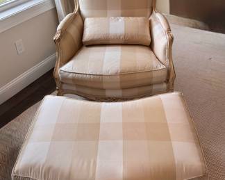 Chair & ottoman, silk fabric, beige checked
