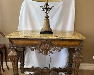 Maitland-Smith ornate console table w/marble top and hand carved detailing, 35" x 44" x 19"
