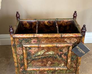 Maitland-Smith painted faux bamboo Canterbury magazine rack w/bird motif
