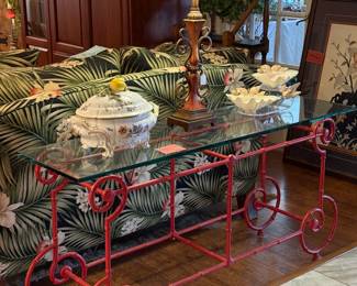 Pink metal w/glass top sofa/entry table