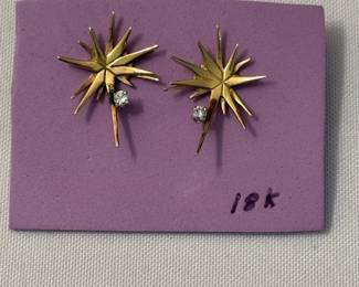 Vtg. 18K gold w/diamond starburst pierced earrings