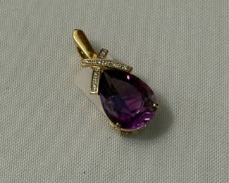 14K gold pendant w/diamonds and large teardrop amethyst 