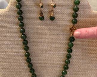 Jade & 14k gold necklace, drop earrings & oval ring