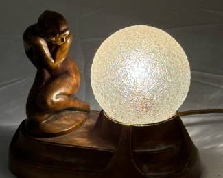 Vtg "NuArt" Art Deko Nymph & glass orb glove lamp w/bronze finish