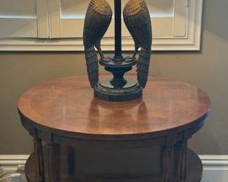 Drexel Heritage 3-tier end table, Maitland-Smith peacock lamp