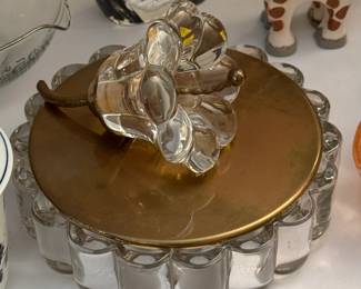 Vintage Heisey glass candy dish or trinket box with Crystolite pattern, brass lid w/crystal flower finial