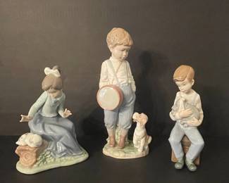 Lladro Porcelain Figurines: Girl with Lambs, Boy with Drum and Dog, Boy with Animal