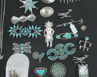 Native American Sterling Silver and Turquoise Brooches & Pins