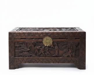 Carved Camphor Wood Chest with Figural Scenes
