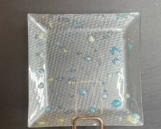 Square Fused Glass Dish with Blue and Yellow Splatter