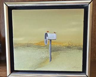 Mailbox with Bird Oil Painting signed Atman