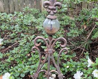 Ornate Wrought Iron Garden Stake with Glass Orb and Fleur-de-lis Finial