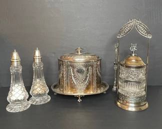 Victorian P.B. Warner Triple Plate Condiment Set, Salt & Pepper, & Biscuit Barrel