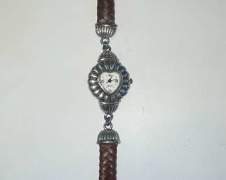 Brighton Braided Leather and Silver-Tone Heart-Shaped Watch Bracelet