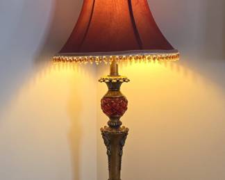 Vintage Table Lamp with Red Glass Accent and Beaded Fringe Shade