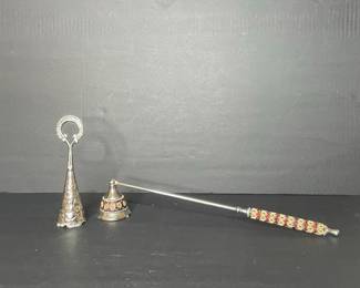 Ornate Silver-Plated Candlestick and Snuffer Set with Red and Gold Beading