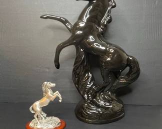 Large Black Ceramic and Silver-Tone Rearing Horse Figurines