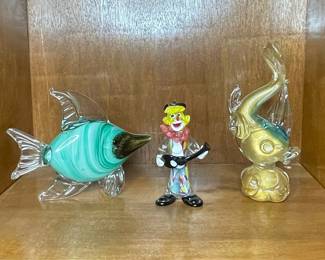 Murano Style Glass Clown and Fish Figurines