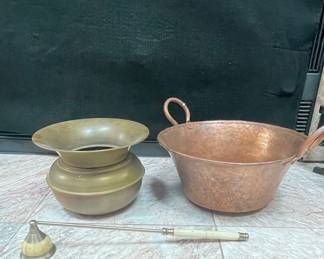 Vintage Hammered Copper Bowl and Brass Pot with Snuffer