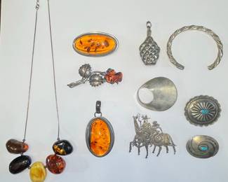Sterling Silver and Amber Necklace with Native American Brooches, Pendants & Bracelet 