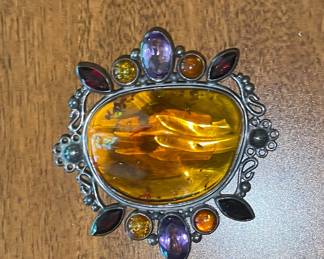 Vintage Baltic Amber and Mixed Gemstone Brooch