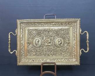 Ornate Brass Tray with Profile Medallions and Serpentine Handles