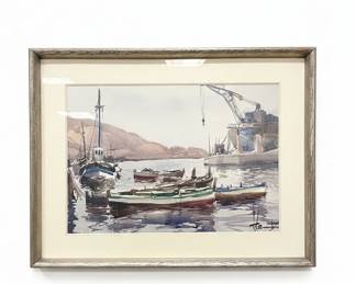 Watercolor Seascape with Boats by James Sessions
