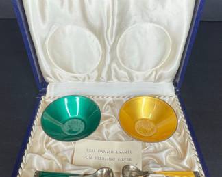 Vintage Sterling Silver Enamel Bowls and Spoons Set