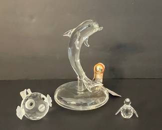 Le Origini "I Soffiati d'Arte" Glass Dolphin with Penguin and Pufferfish