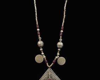 Antique Moroccan Berber Silver necklace with a red (possibly cherry amber) cabochon