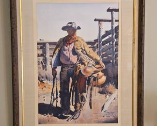 Cowboy with Saddle Watercolor Painting by James Boren